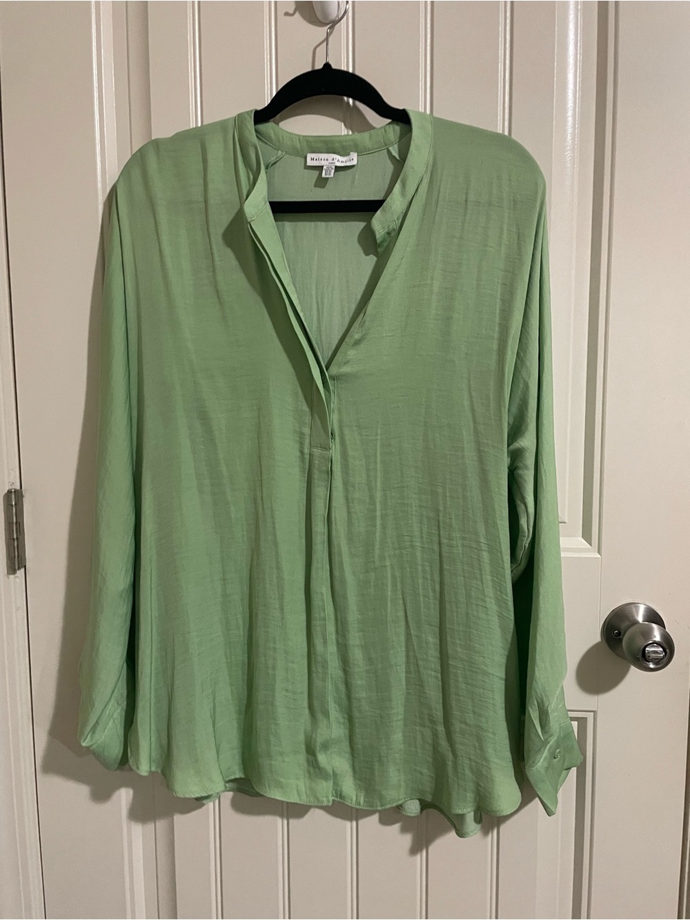 Women's Sage Green V-Neck Long Sleeve Blouse - Picture 3 of 5